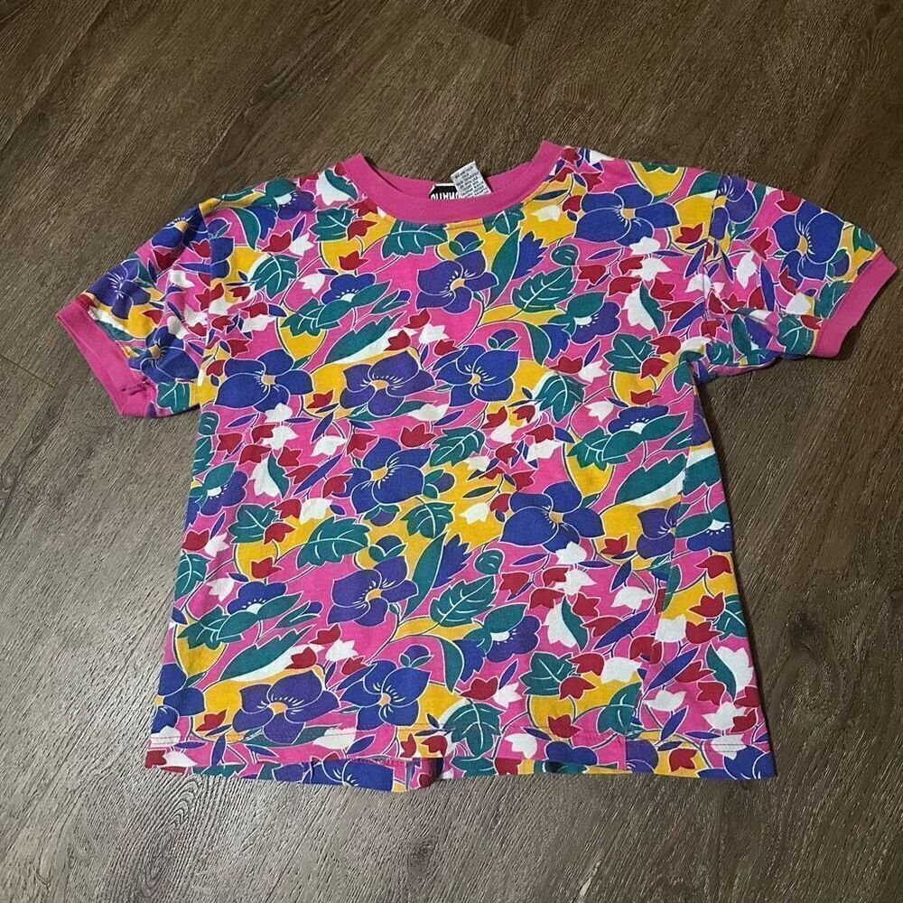Vintage Gitano Girls Floral Ringer Shirt Pink Girls Size L 14 Cotton Retro 90s